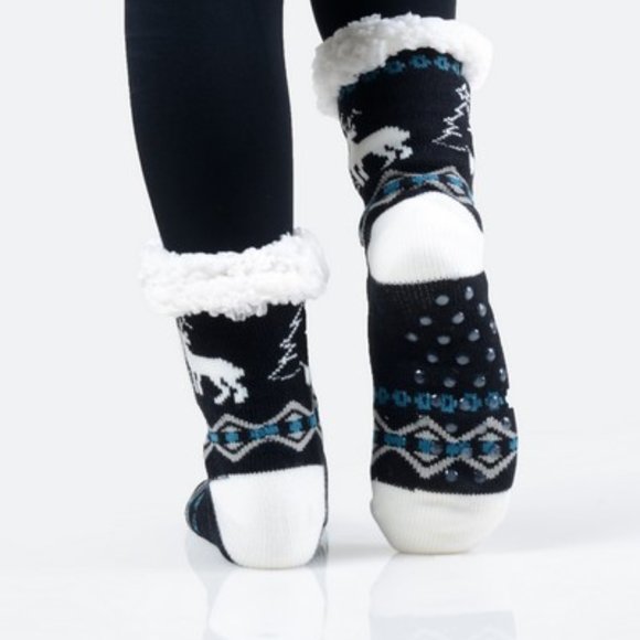 Black Winter Buck Sherpa Lined Slipper Socks - Picture 2 of 4